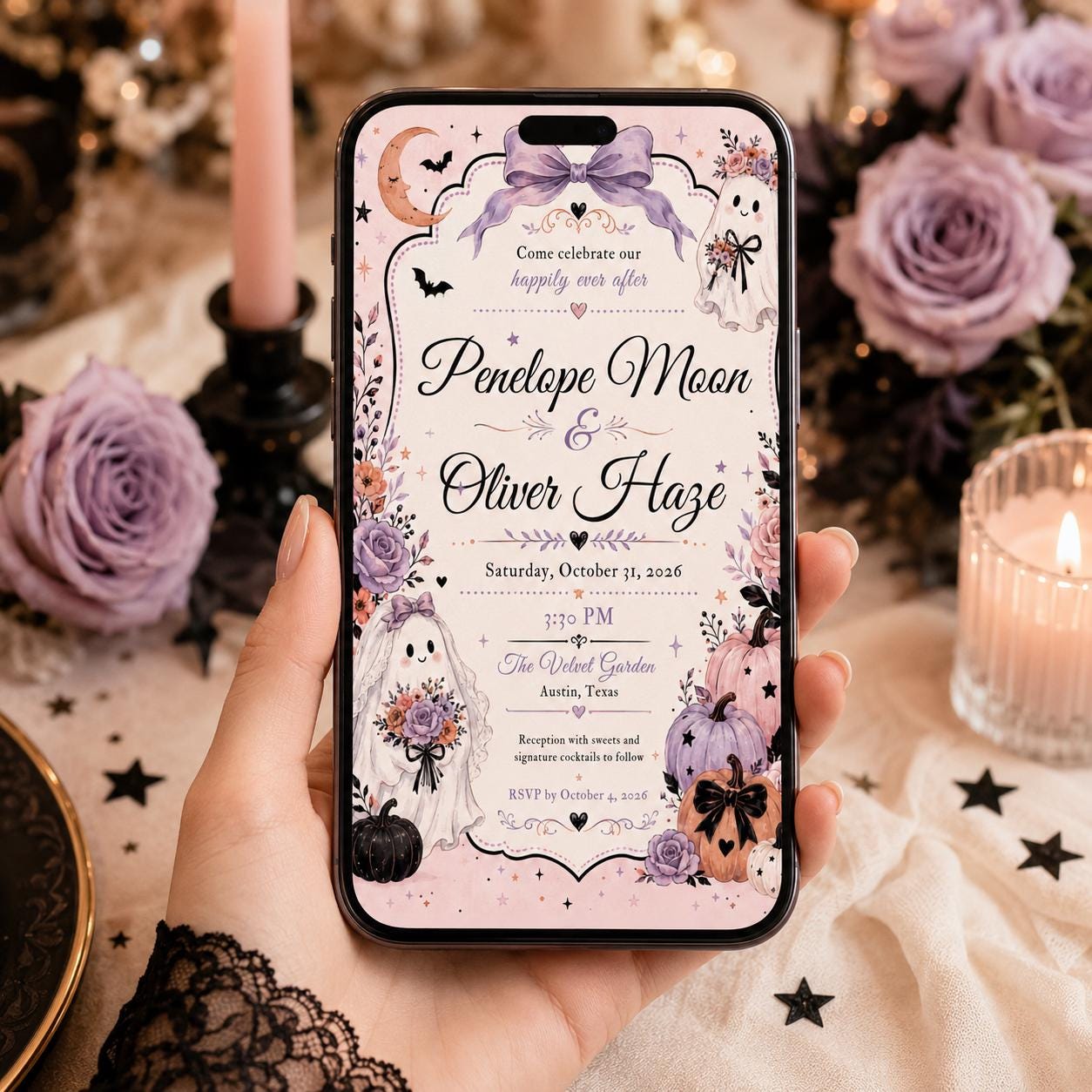 Halloween Wedding Invitation, Pastel Ghost Bride Floral Pumpkin Ceremony, Editable Printable Canva Template - Image 5