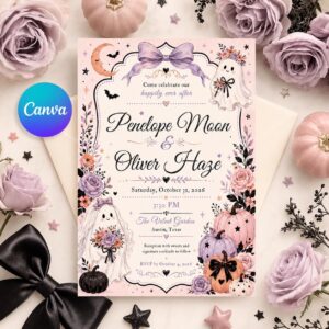 Halloween Wedding Invitation, Pastel Ghost Bride Floral Pumpkin Ceremony, Editable Printable Canva Template