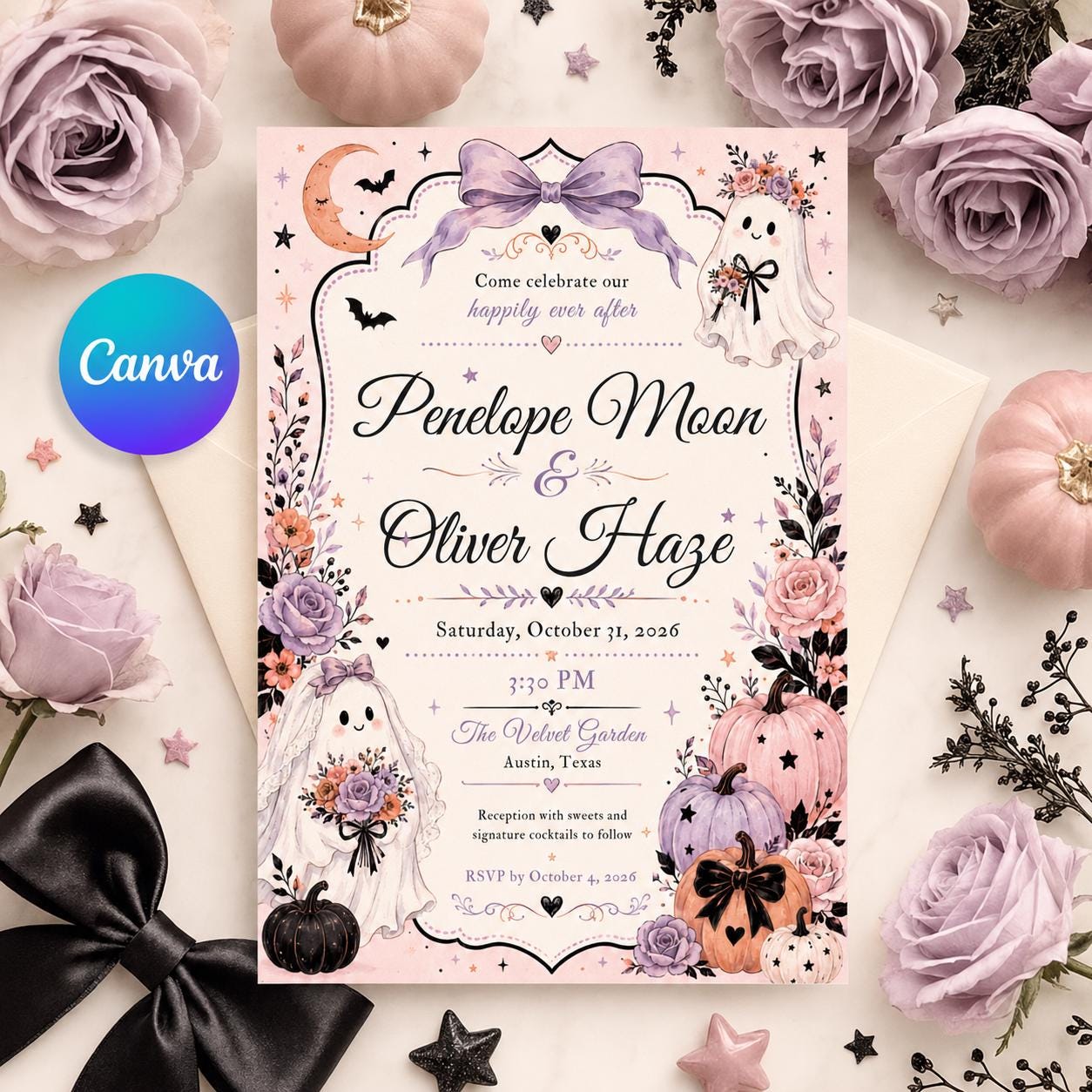 Halloween Wedding Invitation, Pastel Ghost Bride Floral Pumpkin Ceremony, Editable Printable Canva Template