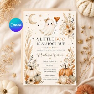 A Little Boo Baby Shower Invitation, Neutral Fall Ghost Pumpkin Baby Sprinkle, Editable Printable Canva Template