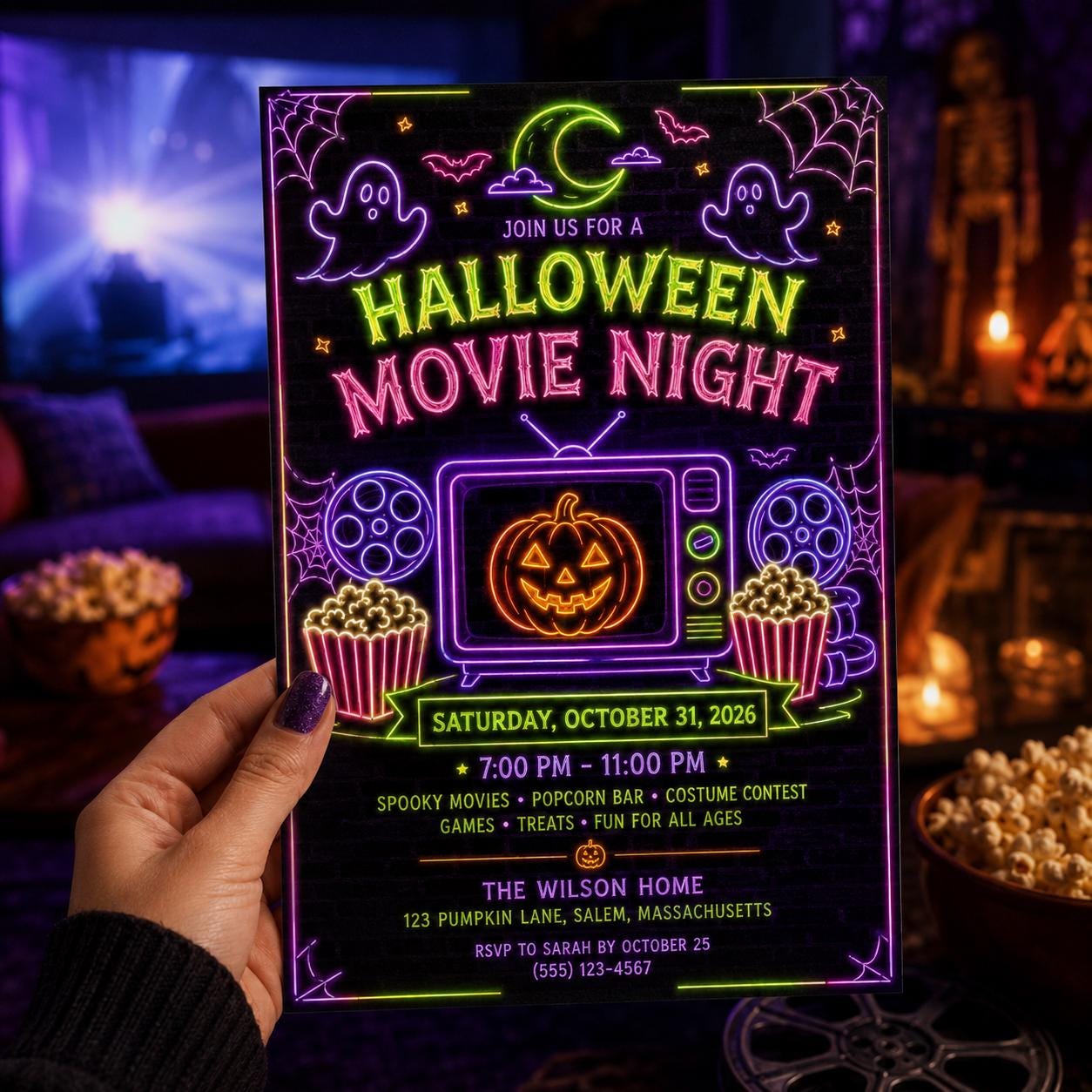 Halloween Movie Night Invitation, Neon Ghost Watch Party, Frights Films and Snacks Editable Printable Canva Template - Image 3