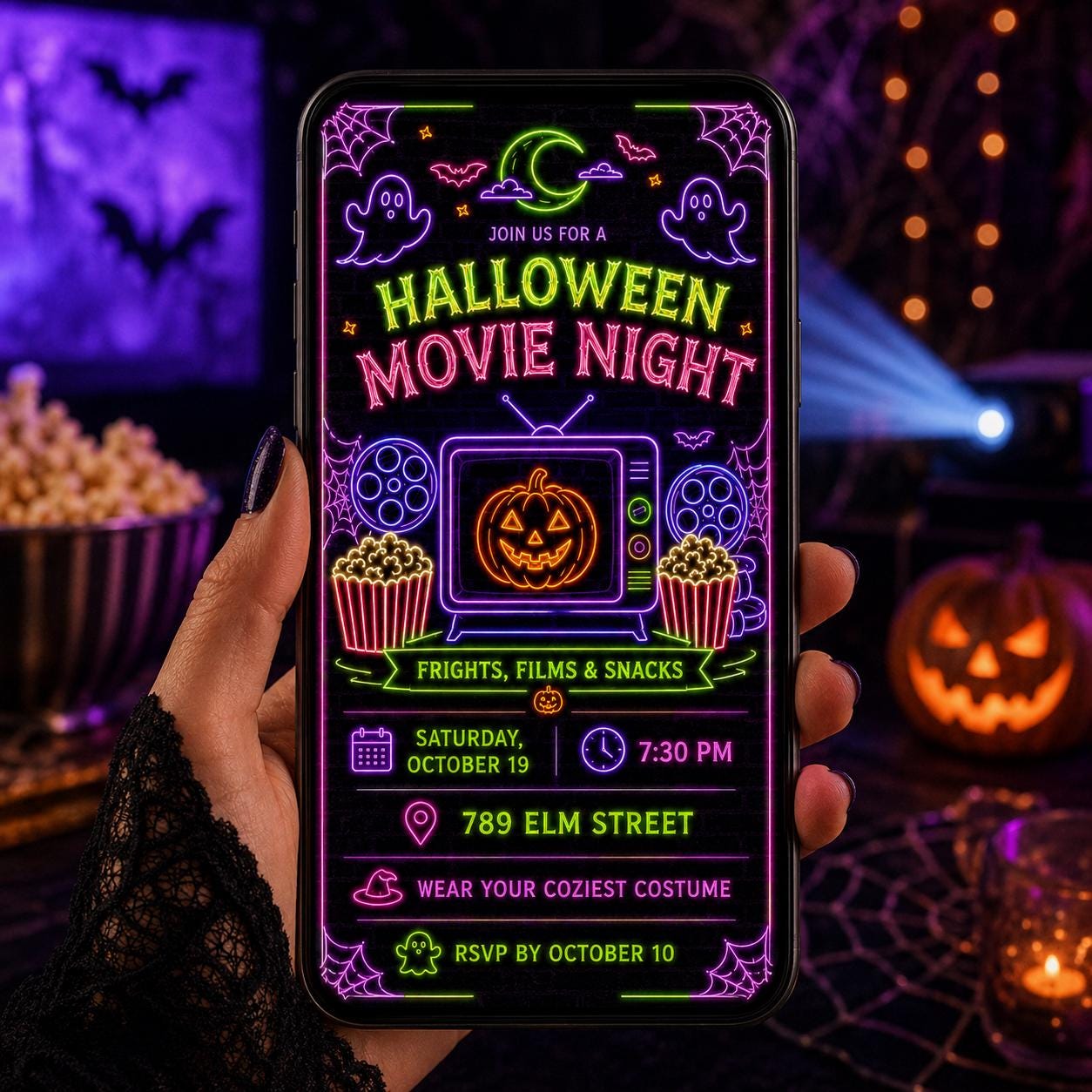 Halloween Movie Night Invitation, Neon Ghost Watch Party, Frights Films and Snacks Editable Printable Canva Template - Image 4