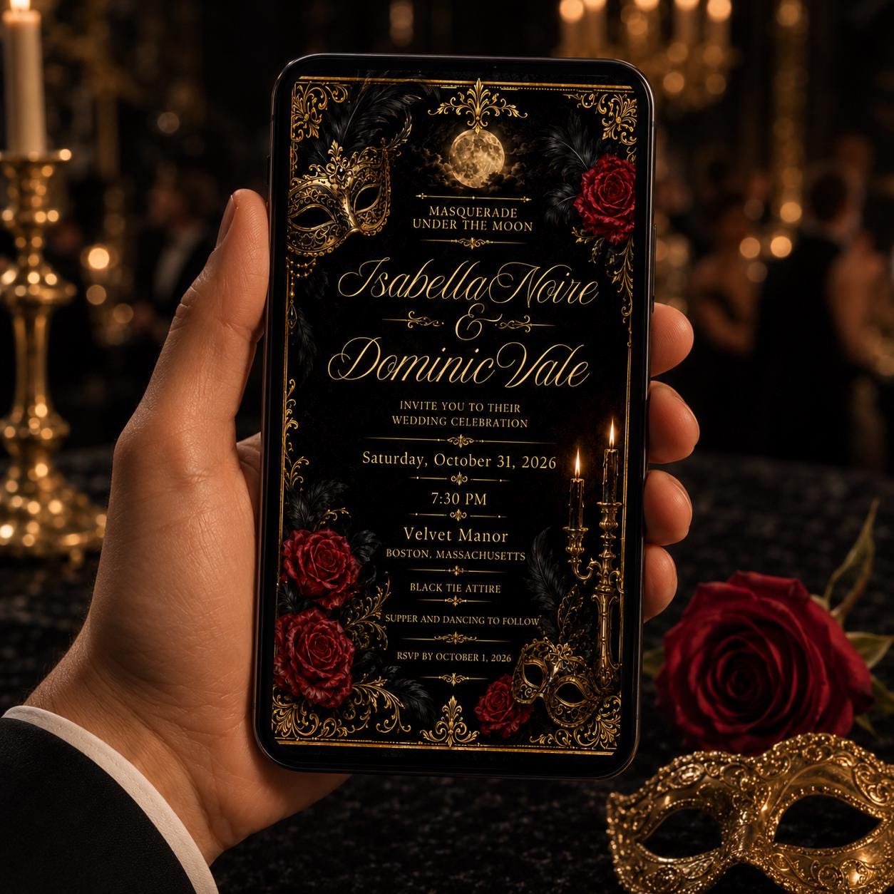 Masquerade Wedding Invitation, Black Gold Gothic Halloween Ceremony, Red Rose Elegant Editable Printable Canva Template - Image 4