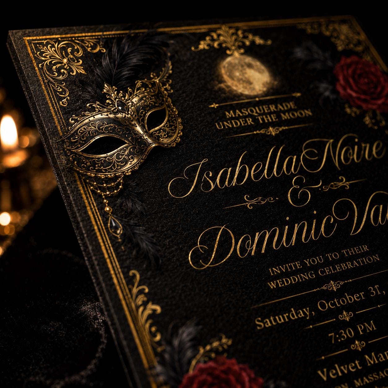 Masquerade Wedding Invitation, Black Gold Gothic Halloween Ceremony, Red Rose Elegant Editable Printable Canva Template - Image 5