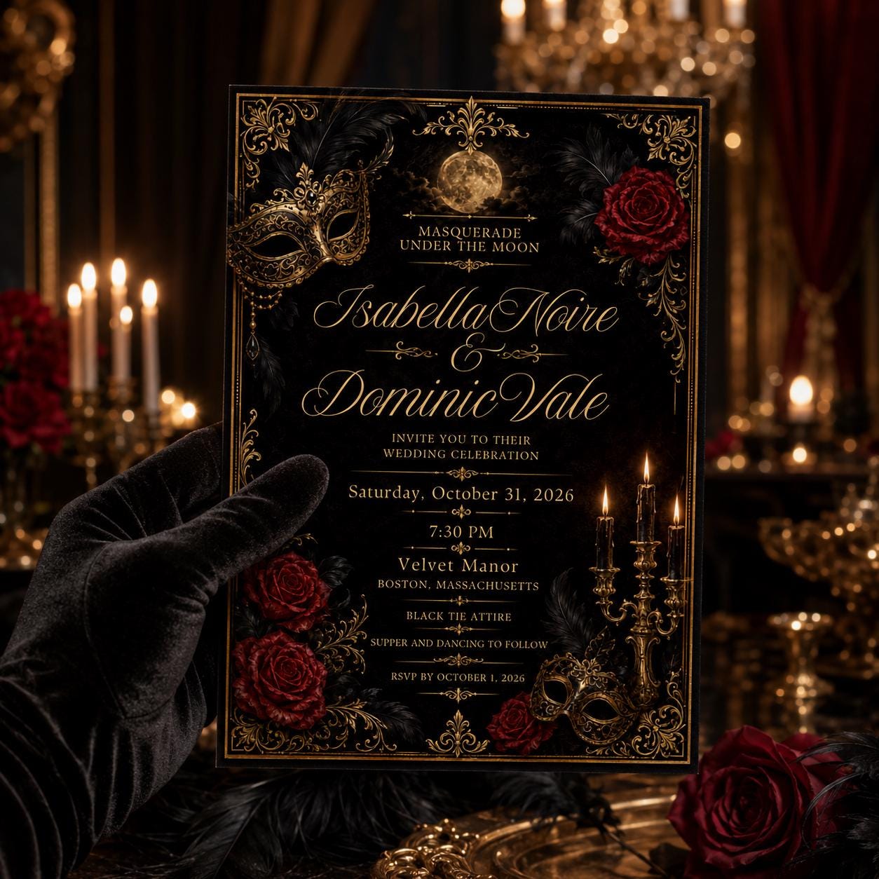 Masquerade Wedding Invitation, Black Gold Gothic Halloween Ceremony, Red Rose Elegant Editable Printable Canva Template - Image 3