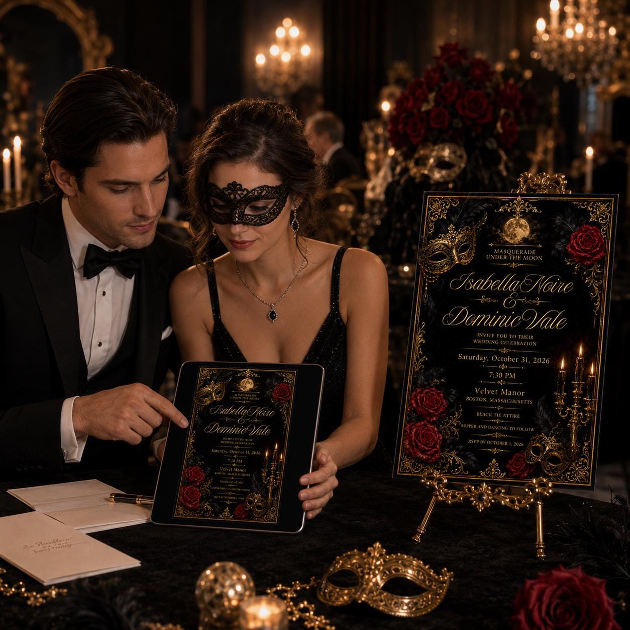 Masquerade Wedding Invitation, Black Gold Gothic Halloween Ceremony, Red Rose Elegant Editable Printable Canva Template - Image 6