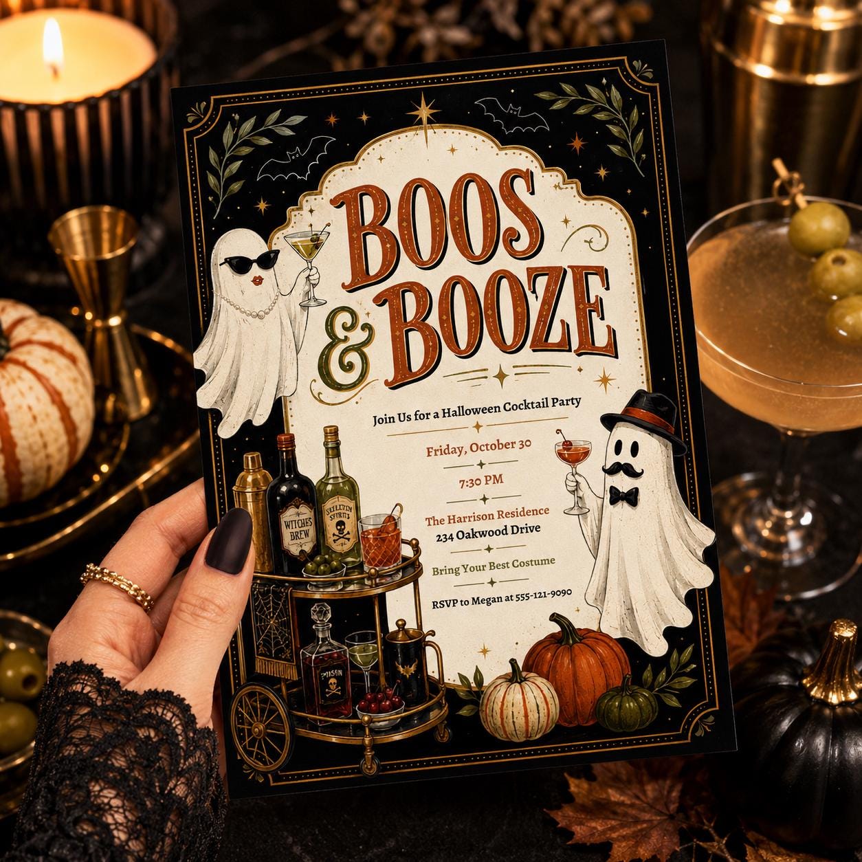 Halloween Cocktail Party Invitation, Boos and Booze Ghost Adult Invite, Editable Printable Canva Template - Image 5