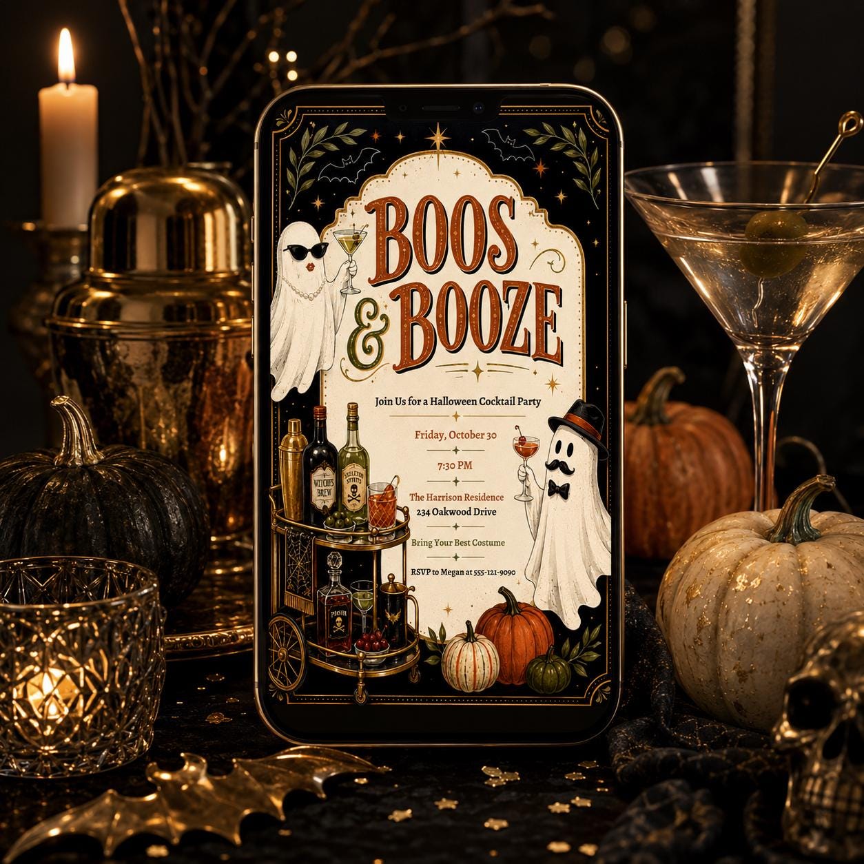 Halloween Cocktail Party Invitation, Boos and Booze Ghost Adult Invite, Editable Printable Canva Template - Image 6
