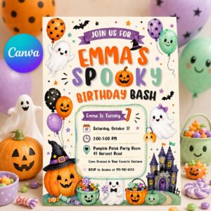 Spooky Birthday Invitation, Kids Halloween Ghost Birthday Party, Editable Printable Canva Template