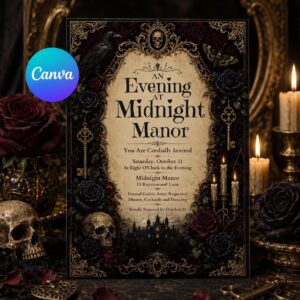 Gothic Halloween Party Invitation, Midnight Manor Dinner Soiree, Victorian Raven Skull Editable Printable Canva Template