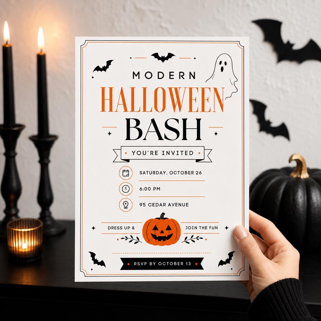 Modern Halloween Party Invitation, Minimalist Ghost Pumpkin Invite, Editable Printable Canva Template - Image 3