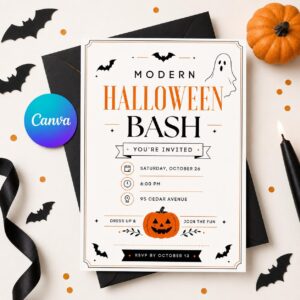 Modern Halloween Party Invitation, Minimalist Ghost Pumpkin Invite, Editable Printable Canva Template