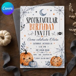 Halloween Birthday Invitation, Watercolor Pumpkin Party Invite for Kids, Cute Orange Blue Spooktacular Editable Canva Template