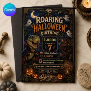Dinosaur Halloween Birthday Invitation, Vampire T Rex 7th Birthday Party Invite, Spooky Dinosaur Editable Canva Template
