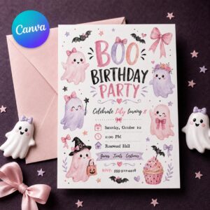 Pink Ghost Birthday Invitation, Cute Boo Party Invite for Girls, Pastel Watercolor Halloween Birthday, Editable Canva Template