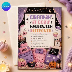 Halloween Sleepover Invitation, Spooky Pajama Party Invite for Girls, Pink Purple Editable Printable Canva Template