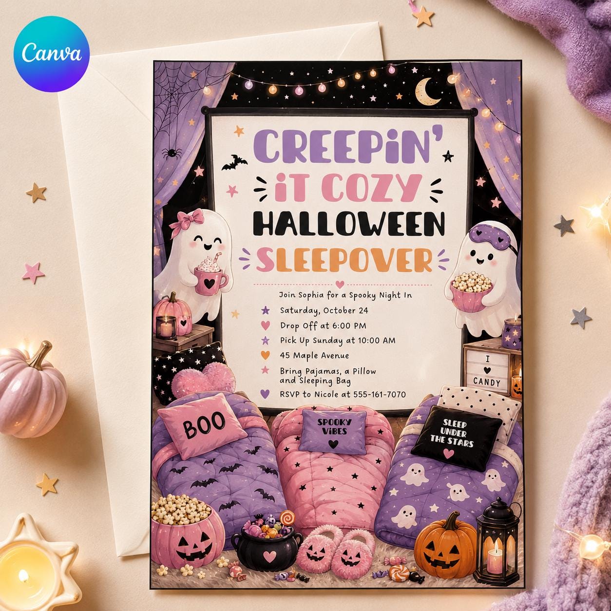 Halloween Sleepover Invitation, Spooky Pajama Party Invite for Girls, Pink Purple Editable Printable Canva Template