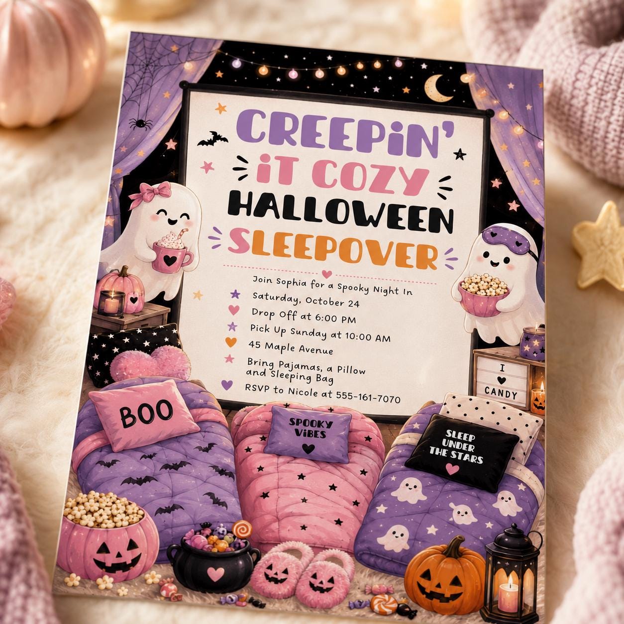 Halloween Sleepover Invitation, Spooky Pajama Party Invite for Girls, Pink Purple Editable Printable Canva Template - Image 6