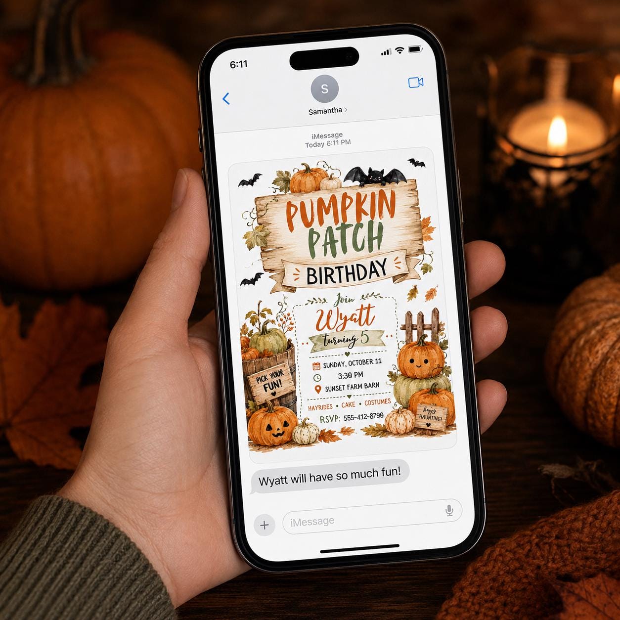 Pumpkin Patch Birthday Invitation, Fall Farm Party Invite for Kids, Rustic Watercolor Editable Printable Canva Template - Image 3