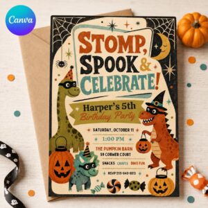 Dinosaur Halloween Birthday Invitation, Retro Dino Costume Party Invite, 5th Birthday Editable Printable Canva Template