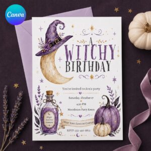 Witchy Birthday Invitation, Purple Moon Halloween Party Invite, Magical Potion Costume Party, Editable Canva Template