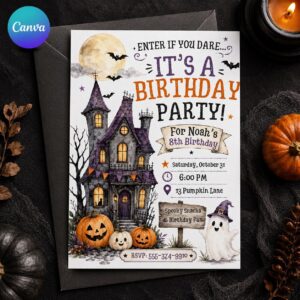 Halloween Birthday Invitation, Haunted House Kids Party Invite, Spooky Ghost Pumpkin 8th Birthday Editable Canva Template