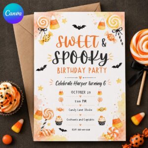 Sweet and Spooky Birthday Invitation, Candy Corn Halloween Party Invite, Cute 6th Birthday Editable Canva Template