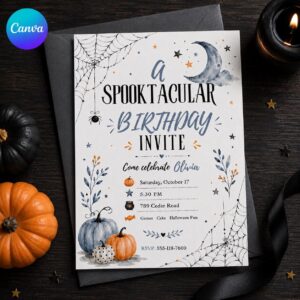 Halloween Birthday Invitation, Spooktacular Blue Pumpkin Party Invite, Watercolor Kids Celebration, Editable Canva Template