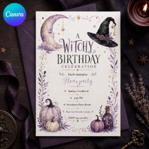 Witchy Birthday Invitation, Purple Moon and Pumpkin Halloween Party, Watercolor Editable Canva Template