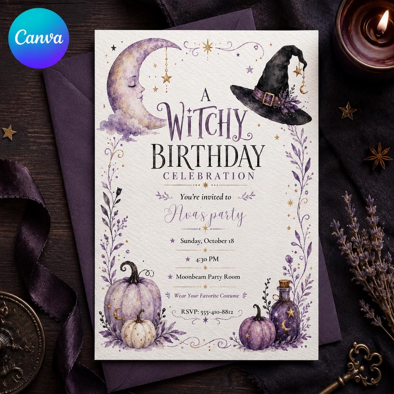 Witchy Birthday Invitation, Purple Moon and Pumpkin Halloween Party, Watercolor Editable Canva Template