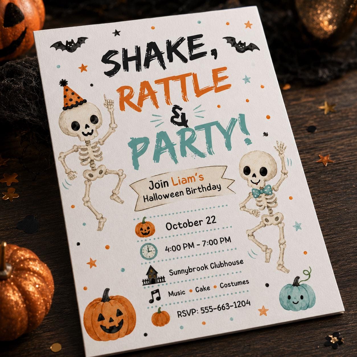 Skeleton Halloween Birthday Invitation, Shake Rattle Party Invite, Watercolor Dancing Bones Editable Canva Template - Image 3