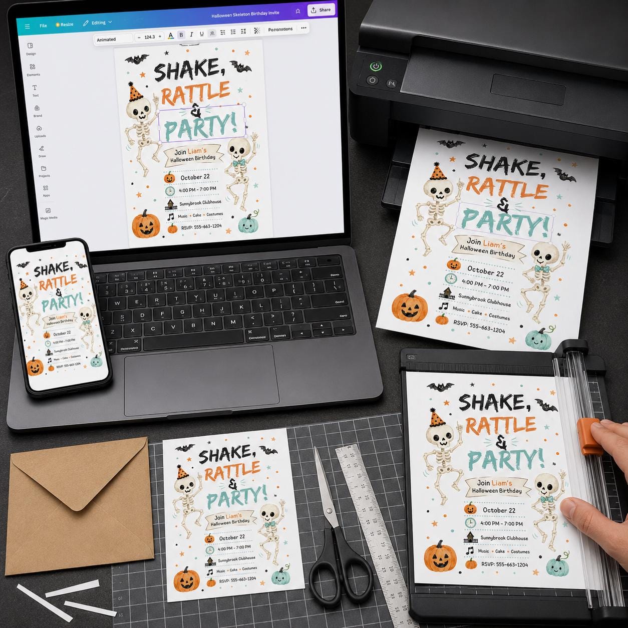 Skeleton Halloween Birthday Invitation, Shake Rattle Party Invite, Watercolor Dancing Bones Editable Canva Template - Image 6