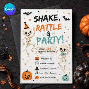 Skeleton Halloween Birthday Invitation, Shake Rattle Party Invite, Watercolor Dancing Bones Editable Canva Template