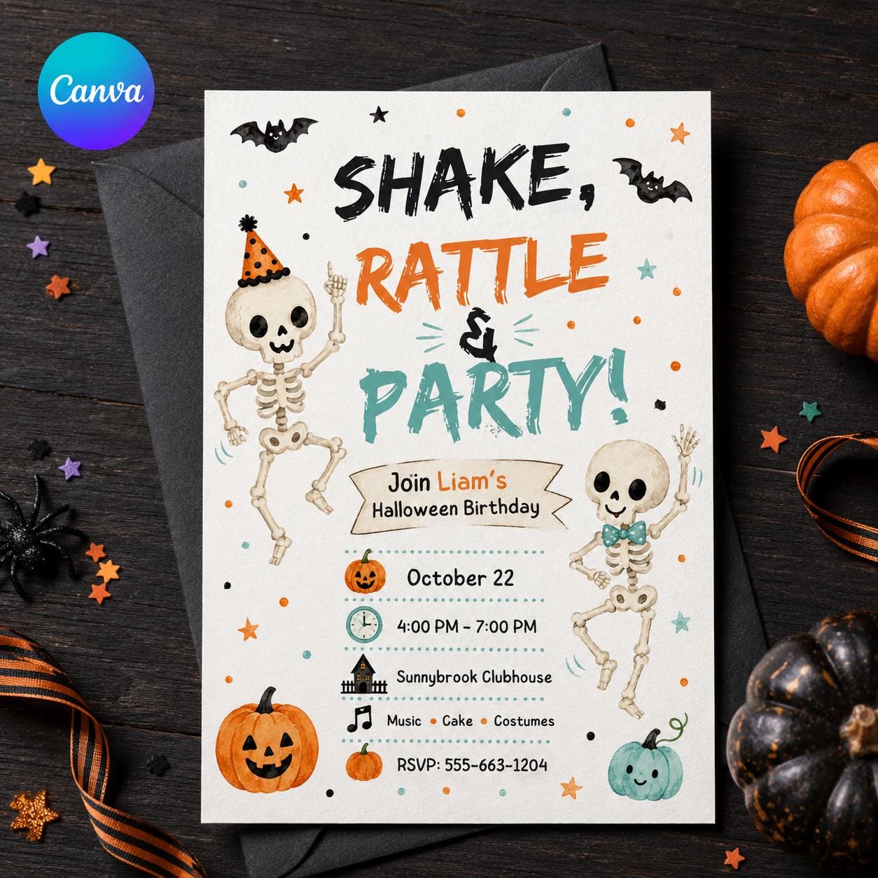 Skeleton Halloween Birthday Invitation, Shake Rattle Party Invite, Watercolor Dancing Bones Editable Canva Template