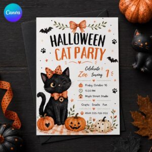 Halloween Cat Birthday Invitation, Cute Black Cat Pumpkin Party, 7th Birthday Girl Editable Canva Template