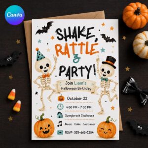 Skeleton Birthday Invitation, Shake Rattle and Party Halloween Invite, Cute Dancing Bones Editable Canva Template