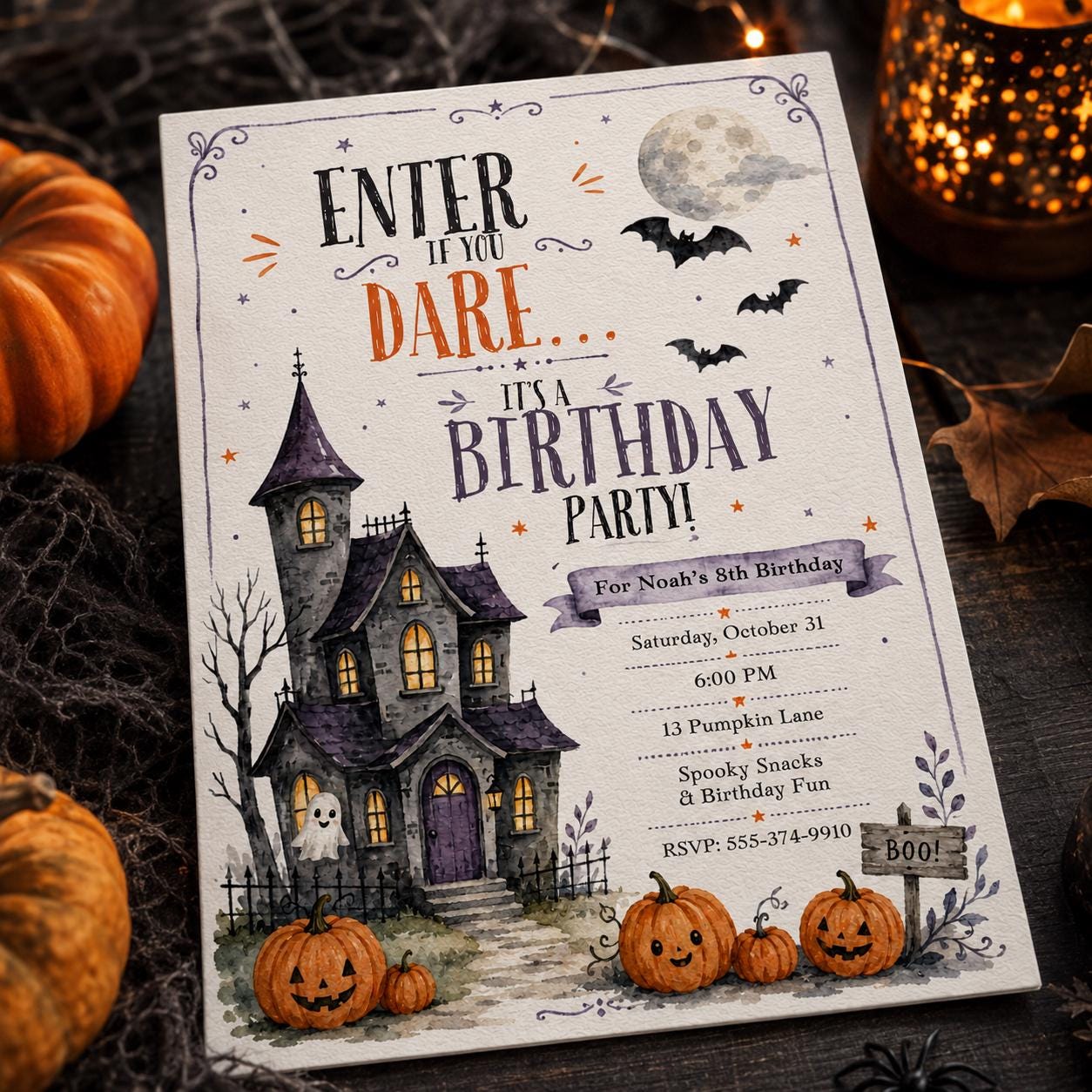 Haunted House Birthday Invitation, Halloween Pumpkin Ghost Party, Watercolor 8th Birthday Editable Canva Template - Image 3