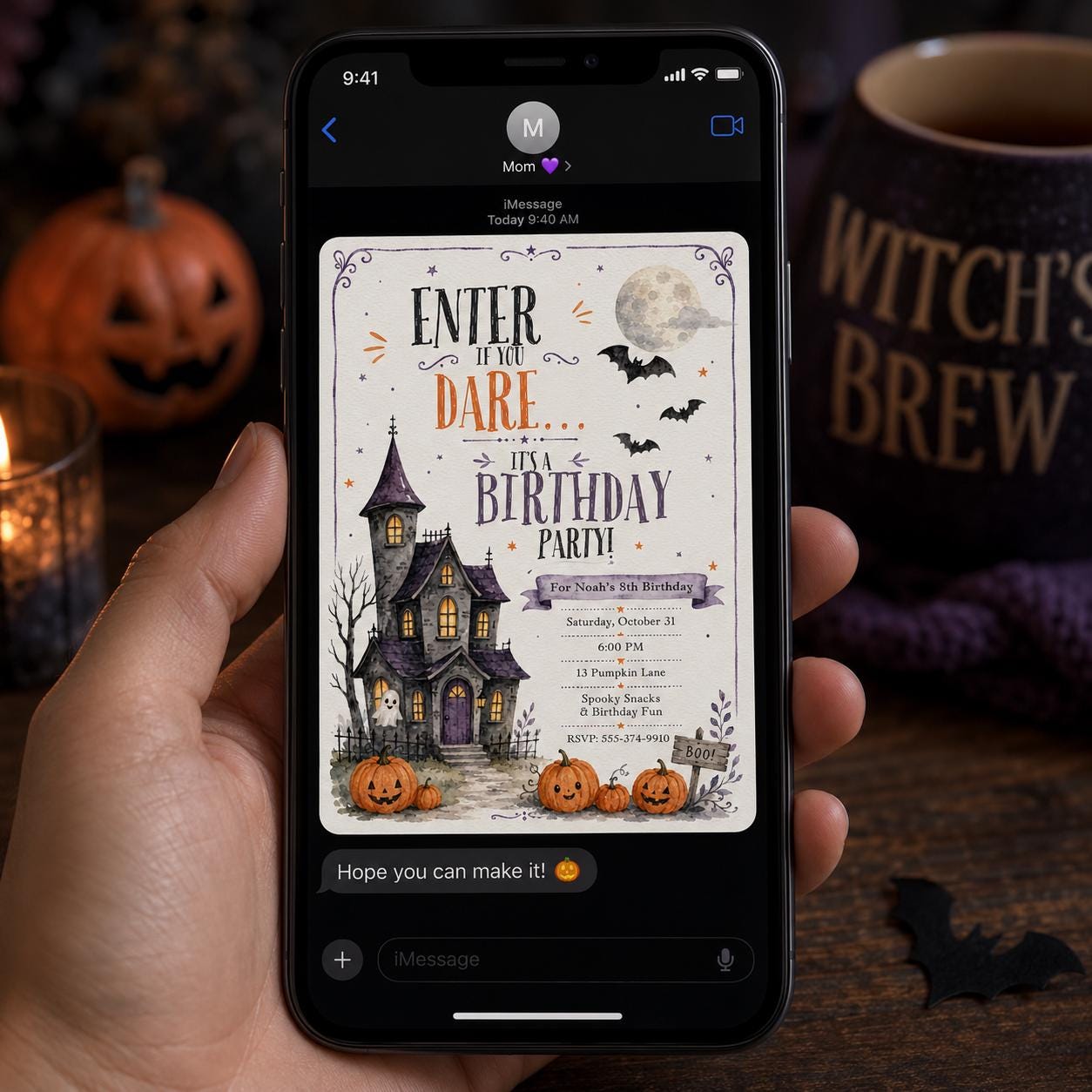 Haunted House Birthday Invitation, Halloween Pumpkin Ghost Party, Watercolor 8th Birthday Editable Canva Template - Image 4