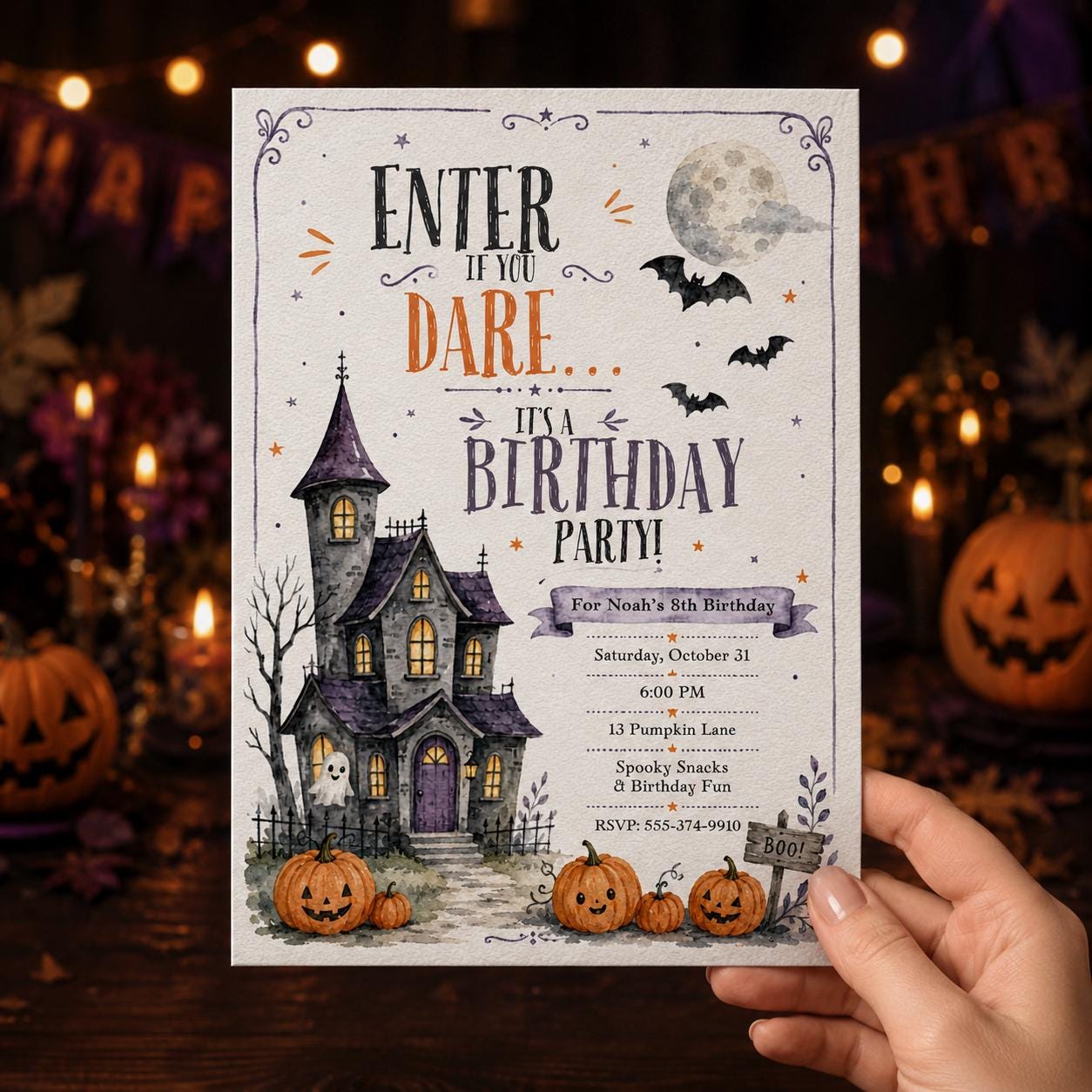 Haunted House Birthday Invitation, Halloween Pumpkin Ghost Party, Watercolor 8th Birthday Editable Canva Template - Image 5