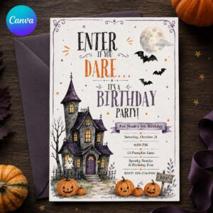 Haunted House Birthday Invitation, Halloween Pumpkin Ghost Party, Watercolor 8th Birthday Editable Canva Template