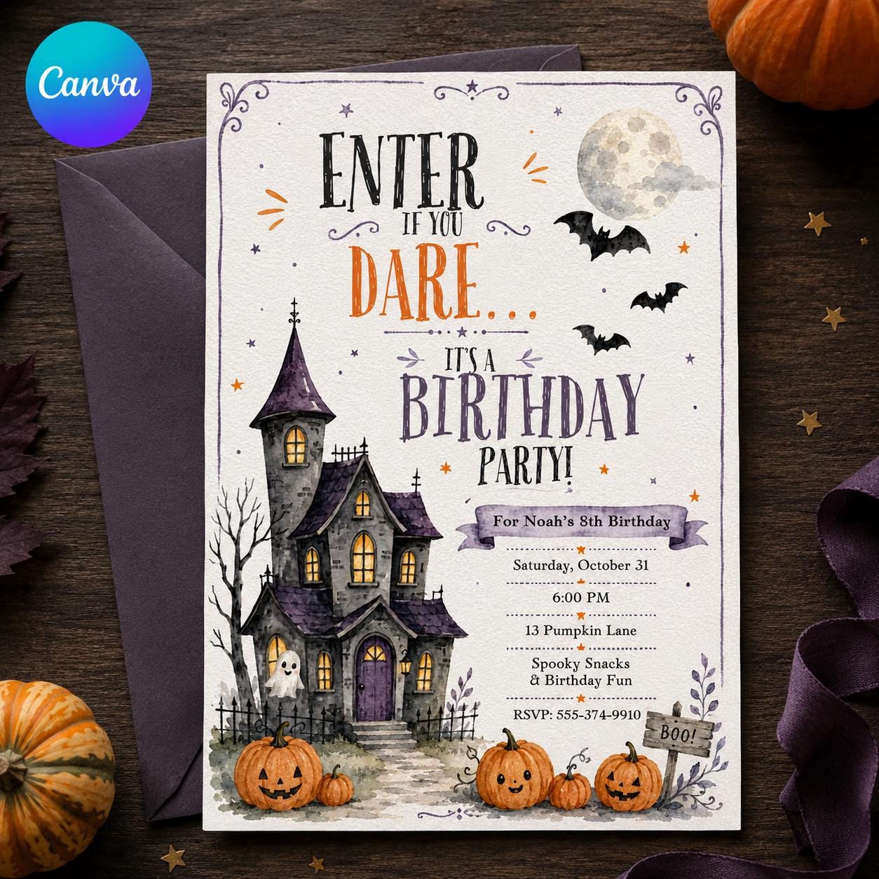 Haunted House Birthday Invitation, Halloween Pumpkin Ghost Party, Watercolor 8th Birthday Editable Canva Template