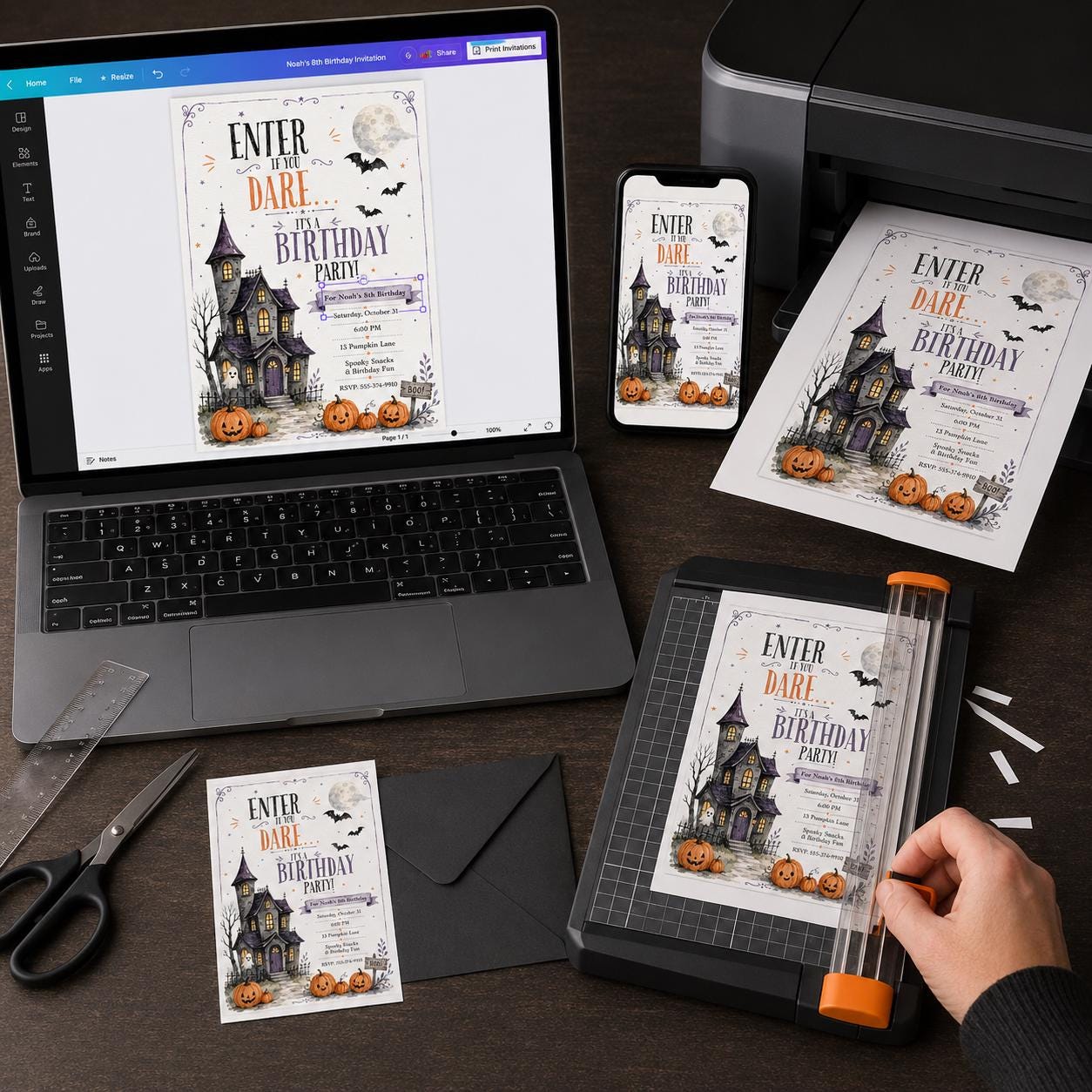 Haunted House Birthday Invitation, Halloween Pumpkin Ghost Party, Watercolor 8th Birthday Editable Canva Template - Image 6