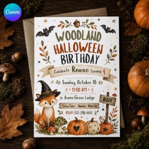 Woodland Halloween Birthday Invitation, Fox Pumpkin Costume Party Invite, Rustic 4th Birthday Editable Canva Template