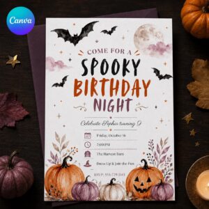 Halloween Birthday Invitation, Spooky Birthday Night Party Invite, Watercolor Pumpkin and Bat Editable Canva Template