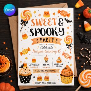 Sweet and Spooky Birthday Invitation, Candy Corn Halloween Party Invite, Cute Cupcake Editable Canva Template