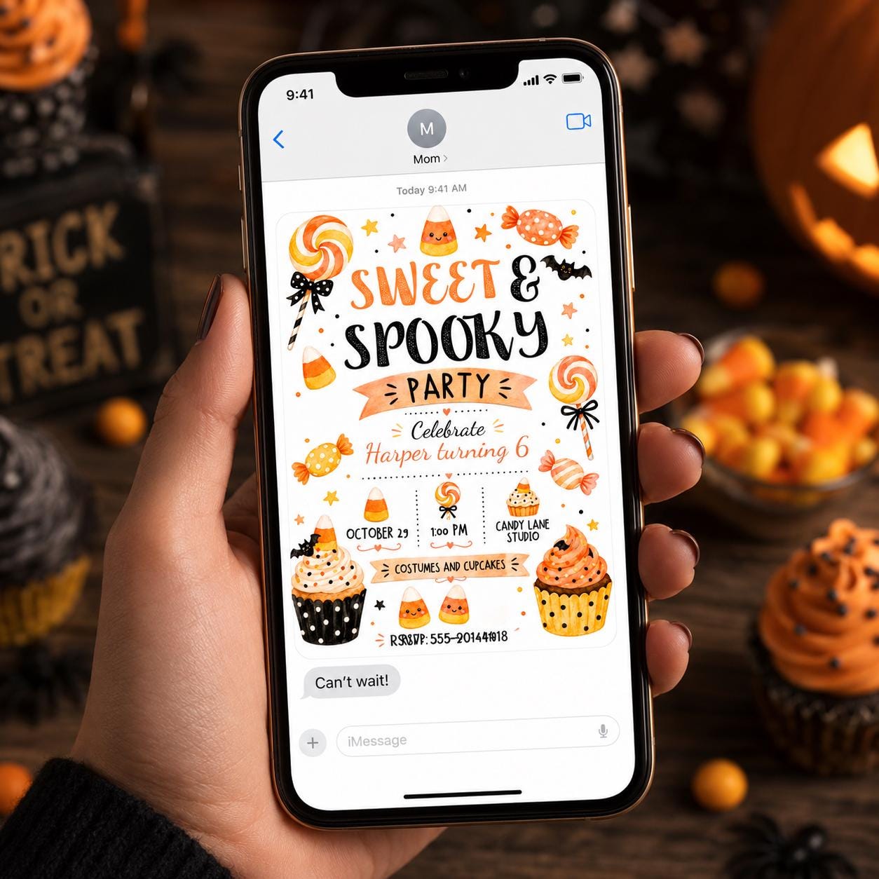 Sweet and Spooky Birthday Invitation, Candy Corn Halloween Party Invite, Cute Cupcake Editable Canva Template - Image 5