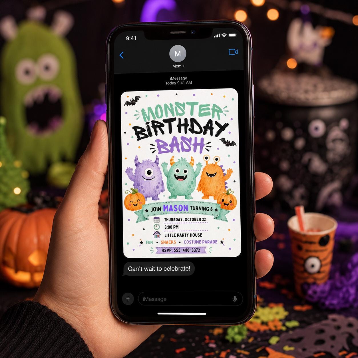 Monster Birthday Invitation, Cute Halloween Monster Bash Party for Kids, Watercolor Editable Canva Template - Image 4