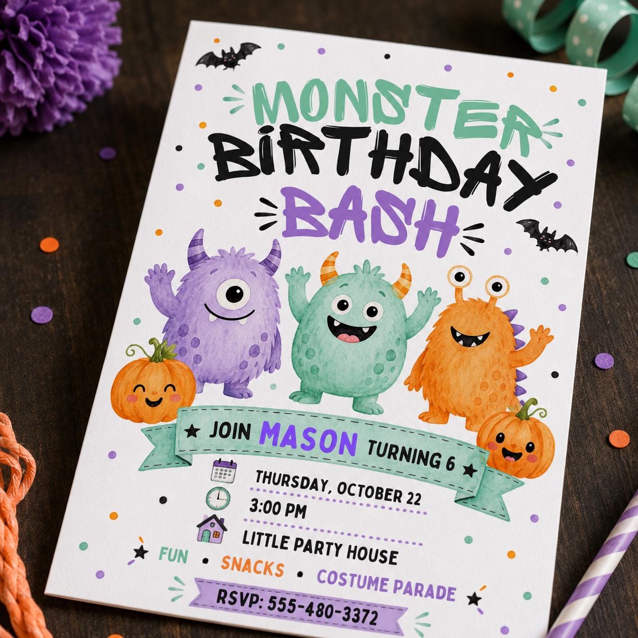 Monster Birthday Invitation, Cute Halloween Monster Bash Party for Kids, Watercolor Editable Canva Template - Image 3