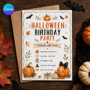 Halloween Birthday Invitation, Pumpkin Patch Costume Party Invite, Watercolor Fall Celebration, Editable Canva Template