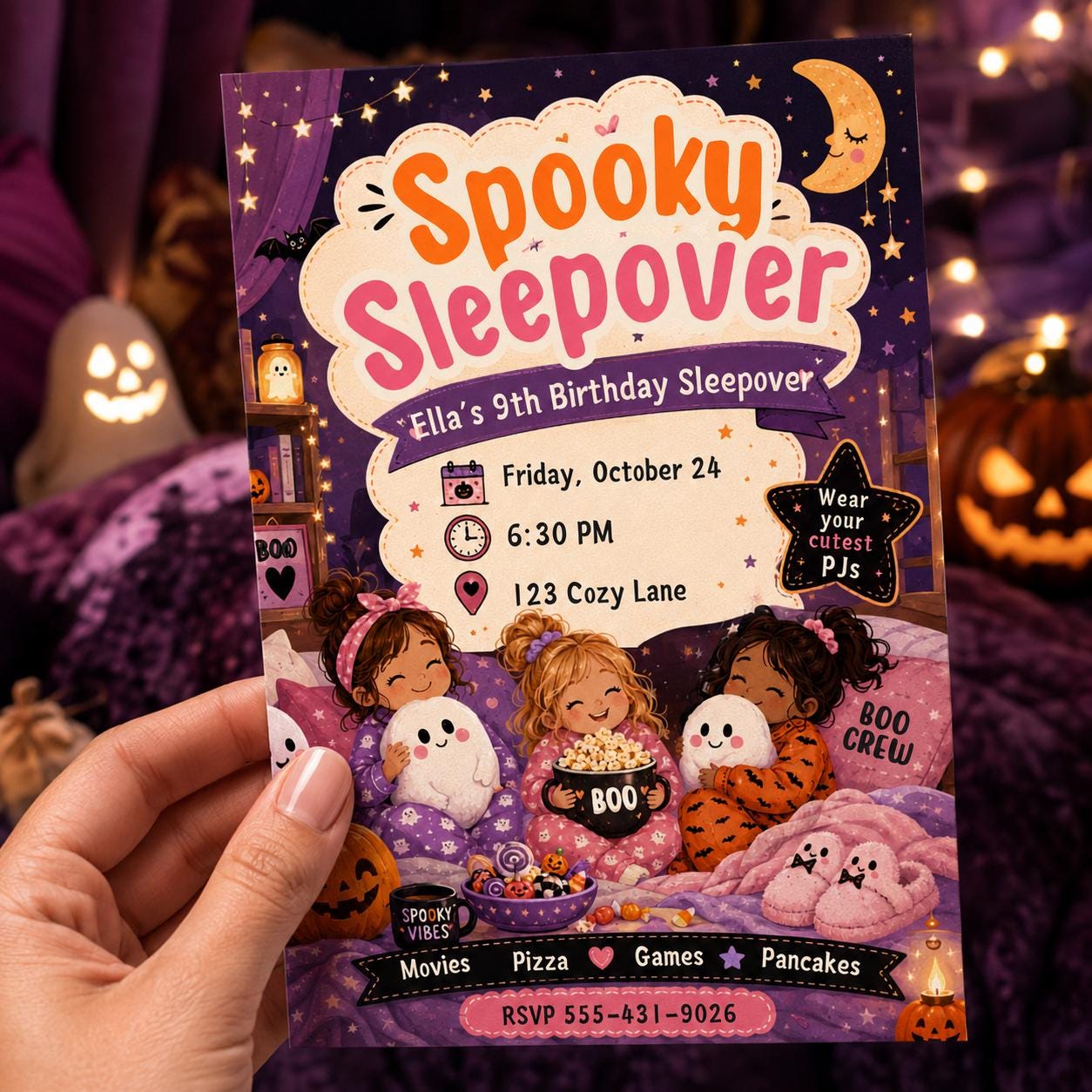 Halloween Sleepover Invitation, Pink Girls Pajama Party, Spooky 9th Birthday Slumber Invite, Editable Canva Template - Image 5